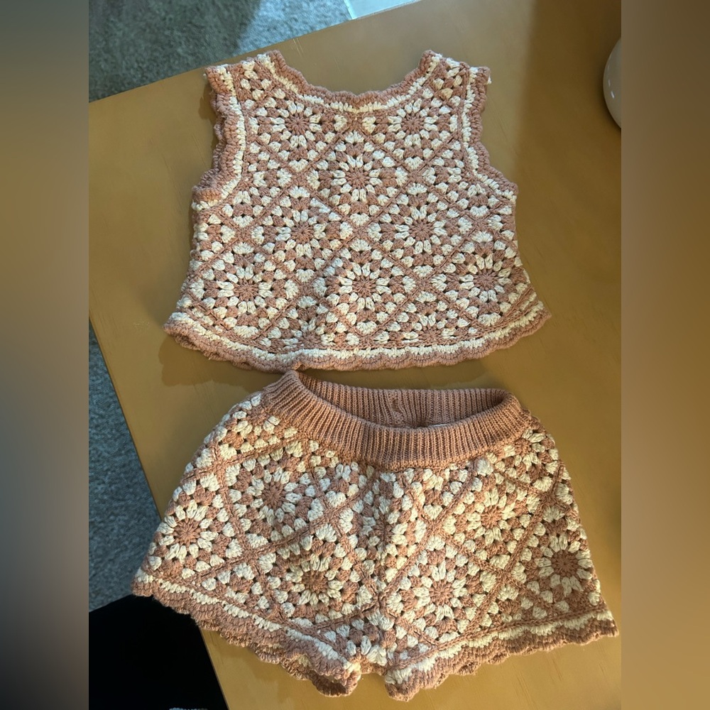Crochet Top and Skirt Set in Pink and Cream